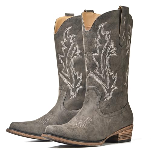 RURUNA Cowboy Boots for Women Retro Western Embroidered, Wide Calf Chunky Heel Cowgirl Boots Ideal for Country Concert & Theme Party, Drak Grey 8