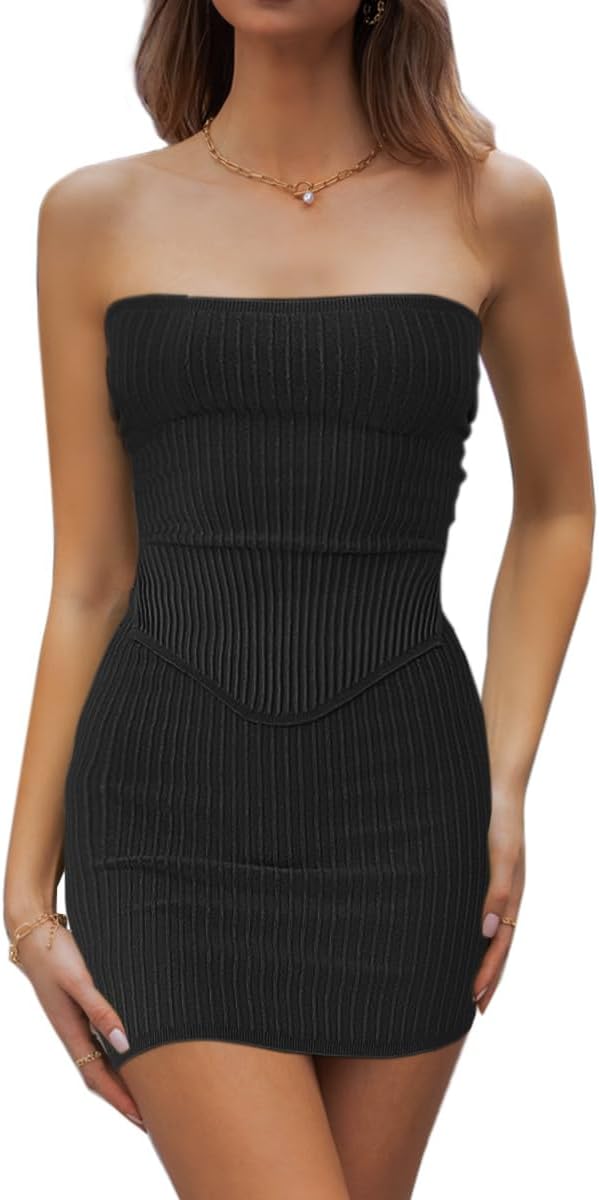 CHYRII Womens Sexy Summer Two Piece Outfits Bandeau Going Out Crop Tops Bodycon Skirt Sets Mini Dress