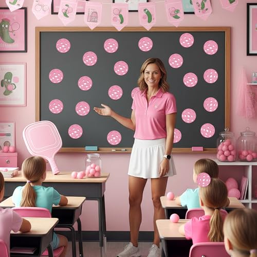 Image of Glitter Pickleball Cutouts - 100Pcs Pink Sport Ball Bulletin DIY Paper Cuts Party Decoration Pickleball Shaped Glitter Paper Cutouts for Girls Player Sport Party Supplies Birthday Classroom Wall Decor
