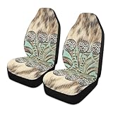 LONSANT Western Car Seat Covers Set of 2,Rustic Brown Beige Teal Western Country Cowboy Tooled Leather Universal Auto Front Seat Cushion Protector for Women Men Cool Car Accessories Fit for Car Truck