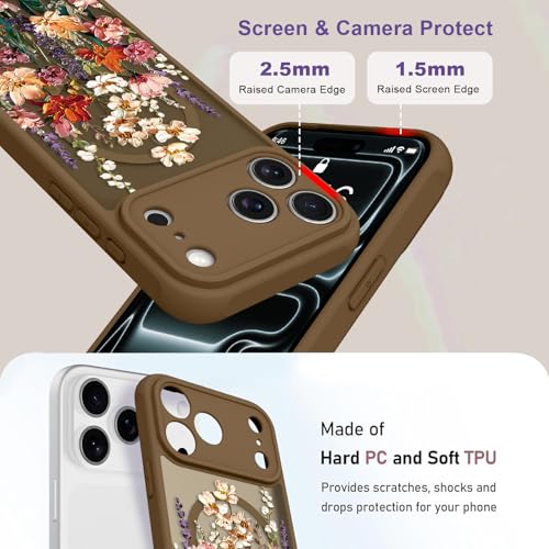 Image of Magnetic for iPhone 17 Pro Case for Women Girls, Brown Floral | Cute Oil Painting Flower Pattern Design [Compatible with MagSafe] [Full Camera Protection] Slim Bumper Matte Protective Cover