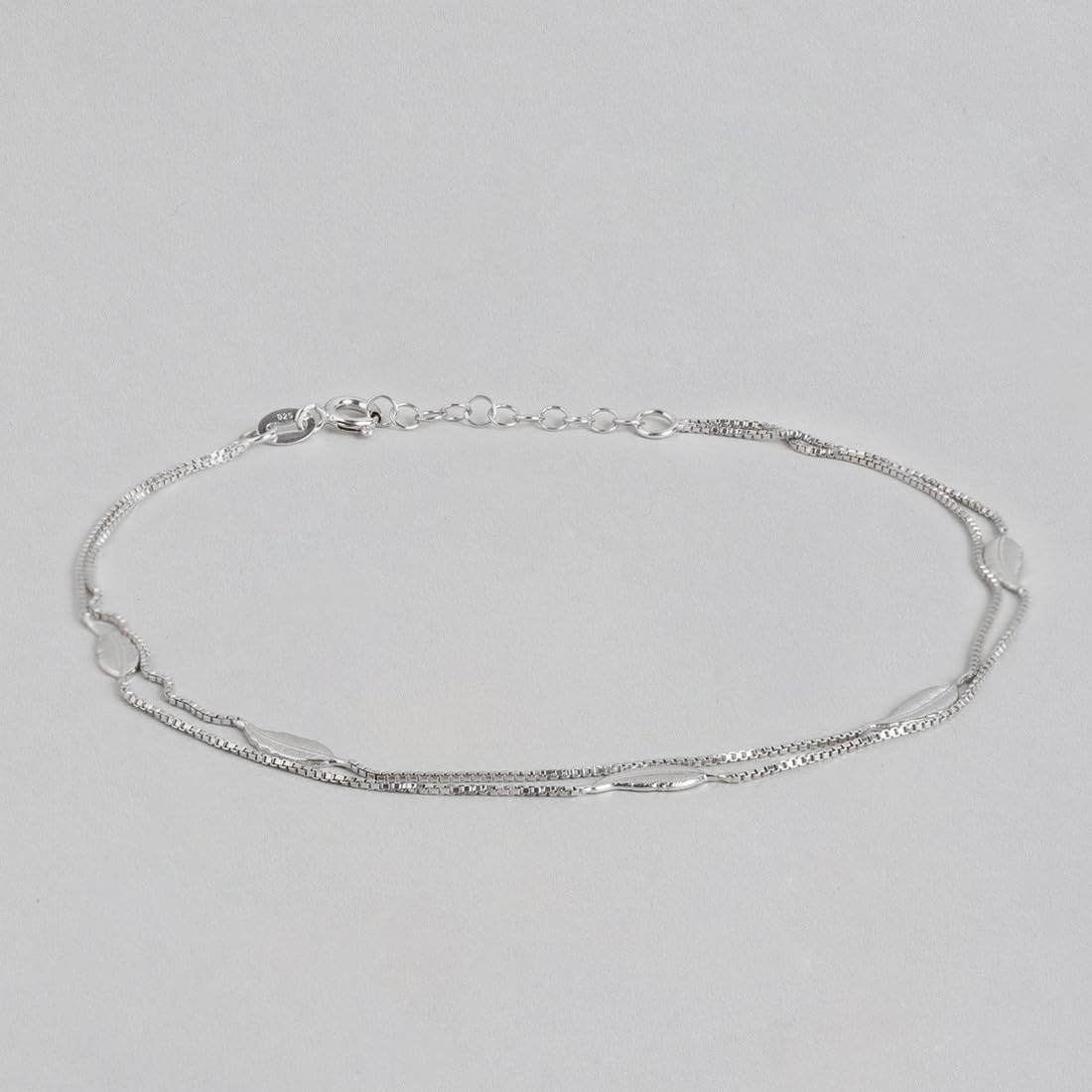 Women's 925 Sterling Silver Modest Leaf Rhodium Plated Chain Anklet, Single