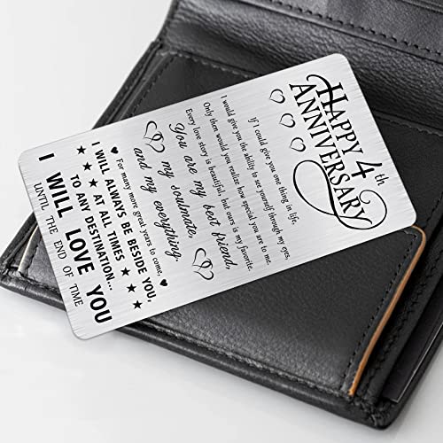 Alotozo 4th Anniversary Card Gifts for Husband Him, Happy 4 Years Wedding Anniversary Engraved Wallet Card Gift for Her Boyfriend Men4