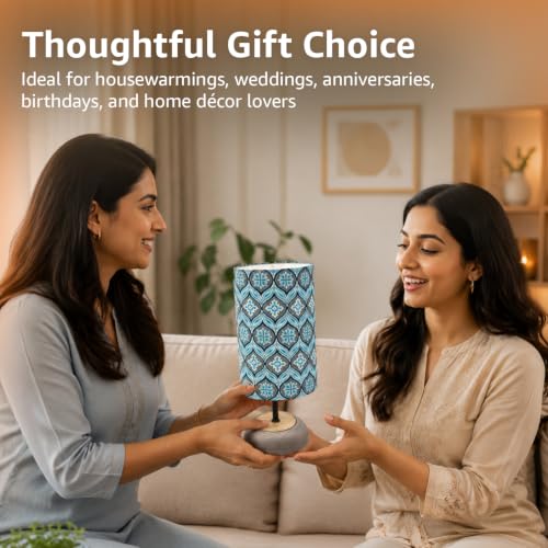 Image of Amazon Basics Blue Lagoon Table Lamp | Hand-Painted Mango Wood Base with Printed Polyester Shade | E14 Holder | Decorative Night Lamp for Bedroom, Living Room & Study Room | Home Decor Gift