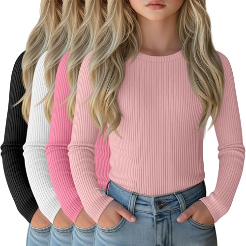 Image of 4 Pack Girls Long Sleeve Shirts Ribbed Knit Cotton Crewneck Tops Slim Fit Soft Casual Kids Base Layer Undershirts