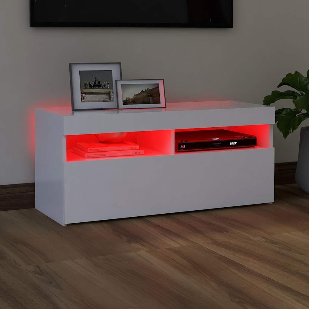 TV-Schrank mit LED-Leuchten, Weiß, 90x35x40 cm, Holzwerkstoff, Modernes TV-Möbel für Wohnzimmer, Media Center mit Stauraum