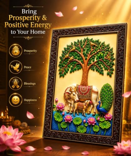 Image of Kamadhenu Cow & Calf Wall Photo Frame with Tree of Life, Peacock & Lotus |Religious Wall Decor for Living Room, Pooja Room & Bedroom | Vastu Home Decoration | Housewarming Gift