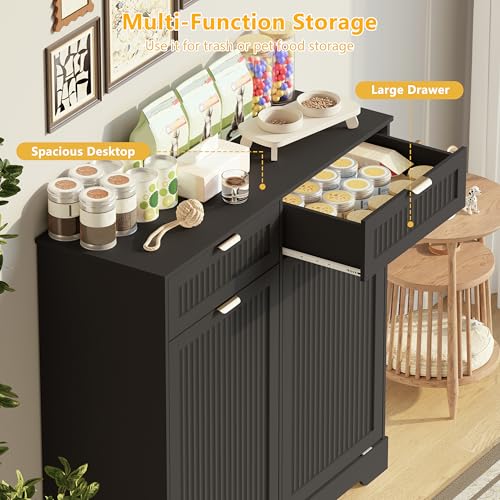 Image of Double 13 Gallon Tilt Out Trash Can Cabinet,Garbage Cabinet with Drawer | Hidden Garbage Storage with Fluted Design, Drawer & Hooks for Kitchen, Dining Room and Small Space Organization,Black