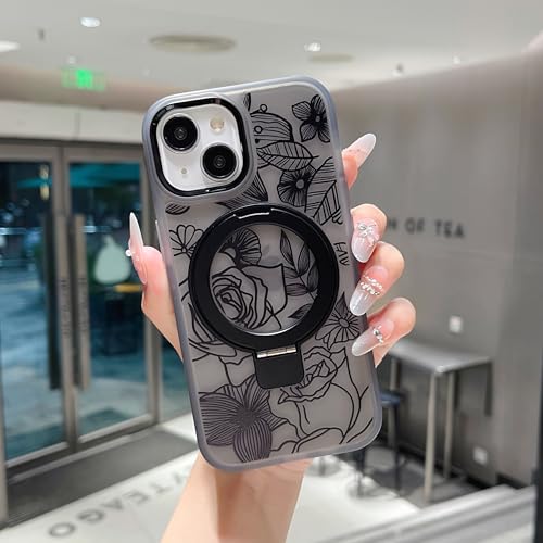 Coque iPhone 15 magsafe à motif floral rose transparente antichoc 6.1 pouces avec support