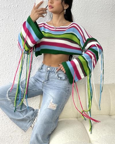 Image of BAIMORE Women's Chic Crochet Boat Neck Rainbow Striped Long Sleeve Crop Sweater with Tassels