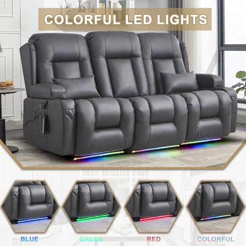 Image of URRED Power Loveseat Recliner Sofa with Massage and Heat, Wall Hugger Reclining Loveseat with Console, RV Couch Home Theater Seating with LED Lights for Living Room (Ash Gray, 76.8 inch - 3 Seats)