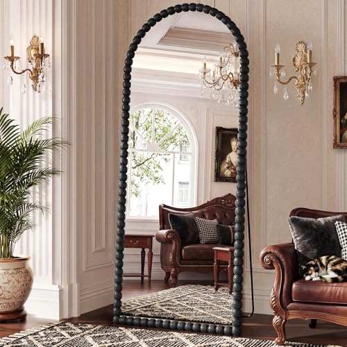 Image of Vintage Full Length Mirror with Stand, 71x28 Inch Arched Beaded Full Body Mirrors, Large Floor Mirror Standing Mirror Full Length Wall Mounted Decor for Bedroom Living Room Cloakroom, PU Frame, Black