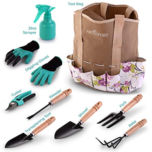 Garden Tools Set - 9 Piece Gardening Kit - Easy to Carry Tote Bag - Pretty Floral Design - Ergonomic Wooden Handle - Heavy Duty - Bonus Gloves and Cutter - Machine Washable - Great as a Gift