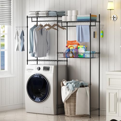 GarveeHome Over Washer and Dryer Shelves, 57.4" W Laundry Room Clothes Drying Rack, Height Adjustable Towel Racks with Hamper and Hooks, Space Saving Laundry Room Organization and Storage