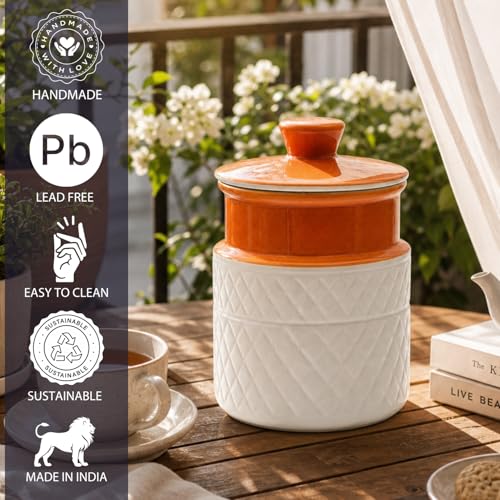 Image of Ceramic Storage Jar with Lid | Orange & White Textured Kitchen Container for Tea, Coffee, Sugar, Snacks & Dry Storage | Decorative Countertop Jar