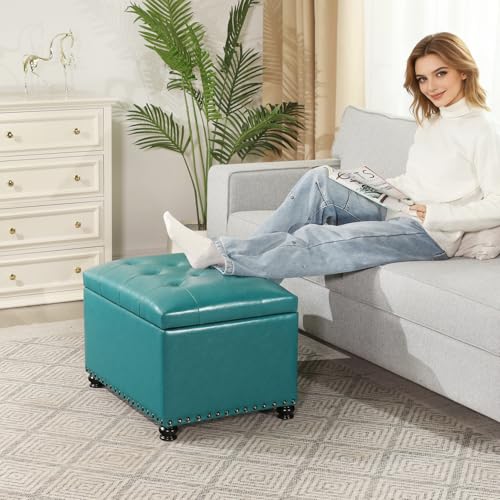 Image of Joveco Leather Storage Ottoman, 24 inch Rectangle Tufted Upholstered Bench, Foot Rest Stool with Wood Legs, Footstool for Living Room, Bedroom
