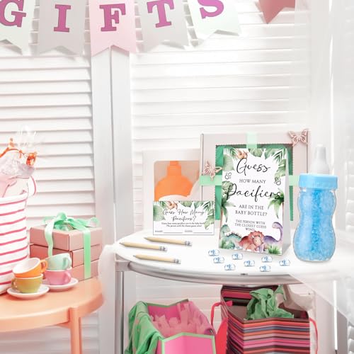 Image of Roowest 512 Pcs Baby Shower Games Guess How Many Pacifiers Sign 100 Small Guessing Games 10 HB Pencils 750ml Milk Bottle 400 Acrylic Pacifiers Decoration for Guest Gender Reveal(Cute,Dinosaur)