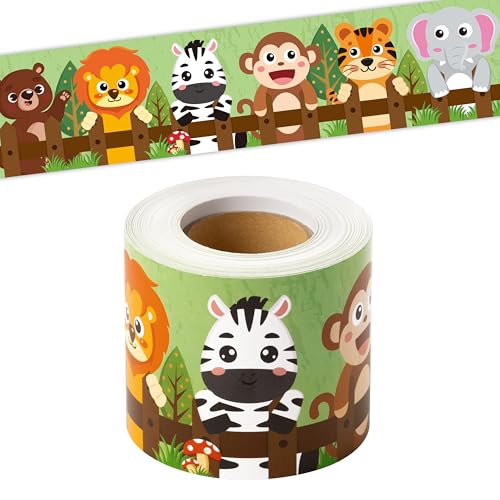 Image of BeYumi Jungle Animals Border Trim - 65ft Back to School Jungle Animals Straight Rolled Border Trim Cute Safari Themed Zoo Animal Bulletin Board School Classroom Office Chalkboard Party Holiday Decor