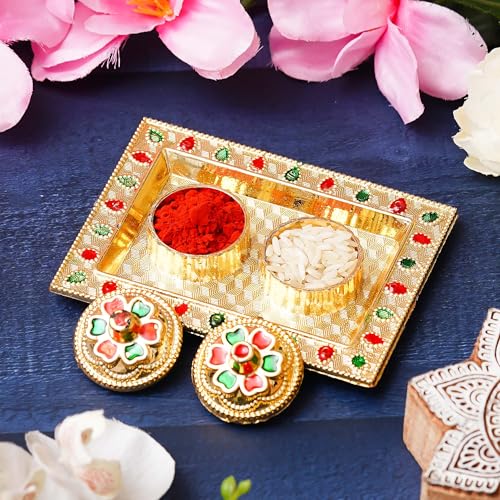 Image of eCraftIndia Golden Decorative Roli Chawal /Rice Holder, Akshata Haldi Kumkum Holder, Kankavati Pooja Items for Home Puja Mandir Temple- Gift for Diwali Navaratri- Diwali Decoration Items For Home Decor