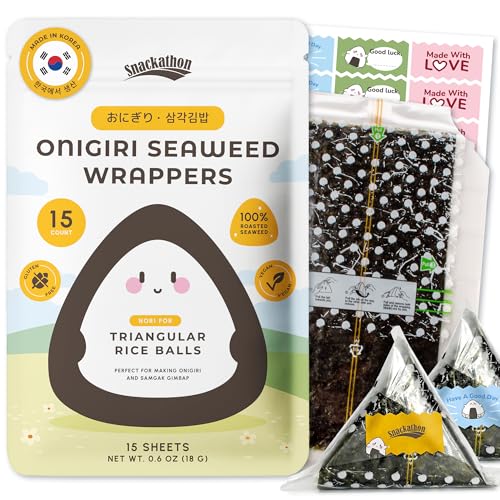 Snackathon Onigiri Seaweed Wrappers (15 Sheets) Made in Korea Premium Roasted Nori for Triangle Rice Balls Gimbap Korean Food Lunch and Snack Box Includes Cute Sealing Stickers