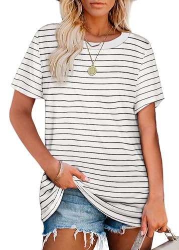 Jescakoo Womens Tops Summer Short Sleeve Ribbed Trim Crewneck T Shirts Fashion Basic Tee2