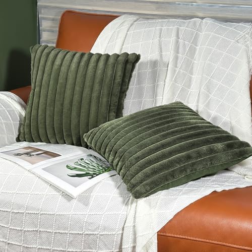 20x20 Throw Pillow Covers Set of 2, Decorative Faux Fur Covers for Bed, Couch Soft Fluffy Pillow Cover with Velvet Back for Living Room, Neutral Home Décor Accent for Sofa - Green