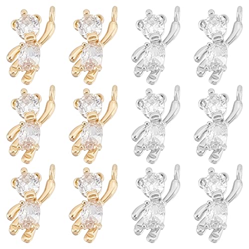 SUNNYCLUE 1 Box 12Pcs Bear Charms Animal Charms Real 18K Gold & Platinum Plated Brass Charm Rhinestone Cubic Zirconia Charms for jewellery Making Charm Hanging Ornament Necklace Earrings DIY Craft