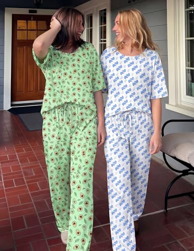 Image of Ekouaer 2 Pack Womens Pajamas Sets Short Sleeve Long Pants Pjs Lounge Set