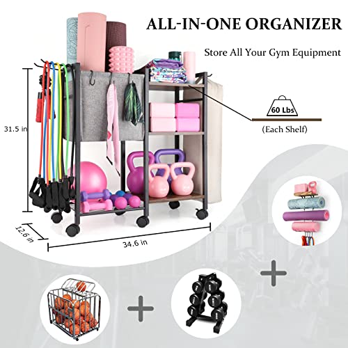 Yoga Mat Storage Rack Home Gym Equipment Storage Organizer Yoga Mat Holder for Yoga Mat Foam Roller Dumbbells Kettlebells Resistance Bands and More Gym Accessories Women Men Workout Equipment Organization with Hooks and Wheels (Black)