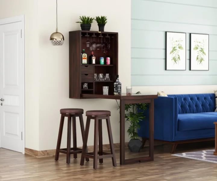 Solid Wood Bar Cabinet with Folding Dining Table for Home | Wall Hanging Design Mini Bar & Table for Living Room | (Walnut Finish)-image-39