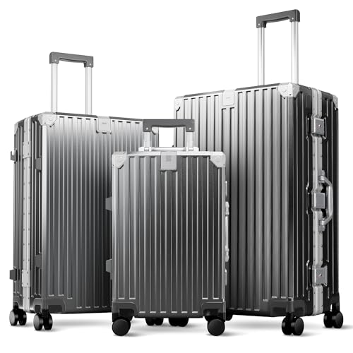 ALPHA CAMP Maleta tamaño M L XL XXL Maleta de viaje ligera maleta rígida Luggage Suitcase con ruedas TSA candado y marco de aluminio equipaje de mano plata gris, gris oscuro, M+L+XL 20/24/28 Zoll