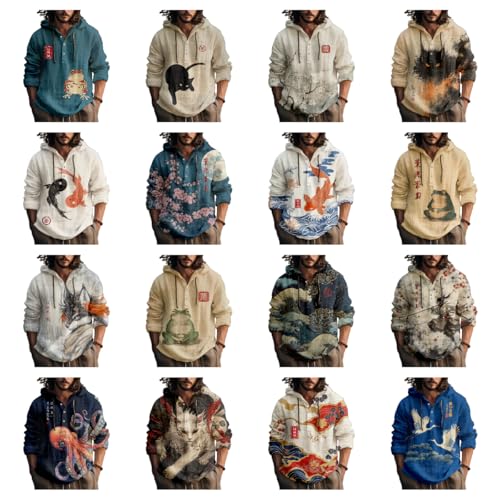 Mens Japanese Art Graphic Long Sleeve Hoodies Shirts Henley Neck Casual Button Shirts Lightweight Sweatshirts3
