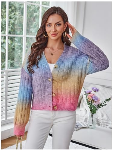 Image of MakeMeChic Women's Colorful Chunky Cropped Cardigans Button Down Long Sleeve Drop Shoulder Rainbow Sweater