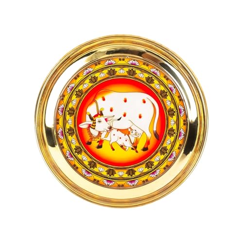 Image of Klassic 6 Inch Handcrafted Brass Thali /Aarti Plate | Cow Design, Beautifully Embossed Colorful Decorative Plate for Puja /Worship, Aarti, Karwa Chauth, Navratri, Diwali Gift | Medium(Pack of 4, Golden)