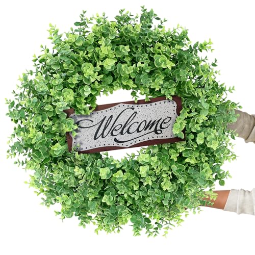 Image of 26 inch Artificial Eucalyptus Wreath with Welcome Sign for Front Door(Green) | Faux Large Greenery, UV-resistant, for Porch /Window /Wall /Farmhouse /Home /Outdoor /Spring /Summer /All Seasons Decor