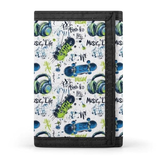 Music Skateboard Graffiti Print Wallet for Men, 8 Credit Card Holder Slim Minimalist Front Pocket Small Mens Bifold Wallets