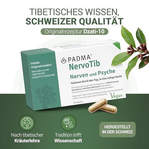 PADMA NervoTib 60 Kapseln - Mit Magnesium für Nerven & Psyche - Unterstützt Energiestoffwechsel & verringert Müdigkeit - Tibetische Kräuterrezeptur Dzati-10 - Vegan, hergestellt in der Schweiz
