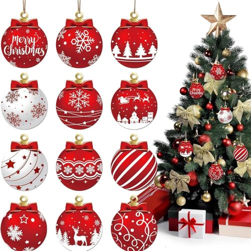 12Pcs Red and White Christmas Ball Design Hanging Wooden Ornaments Set - Festive Winter Holiday Tree Decorations with Merry Christmas Snowflakes, Reindeer, Santa Designs