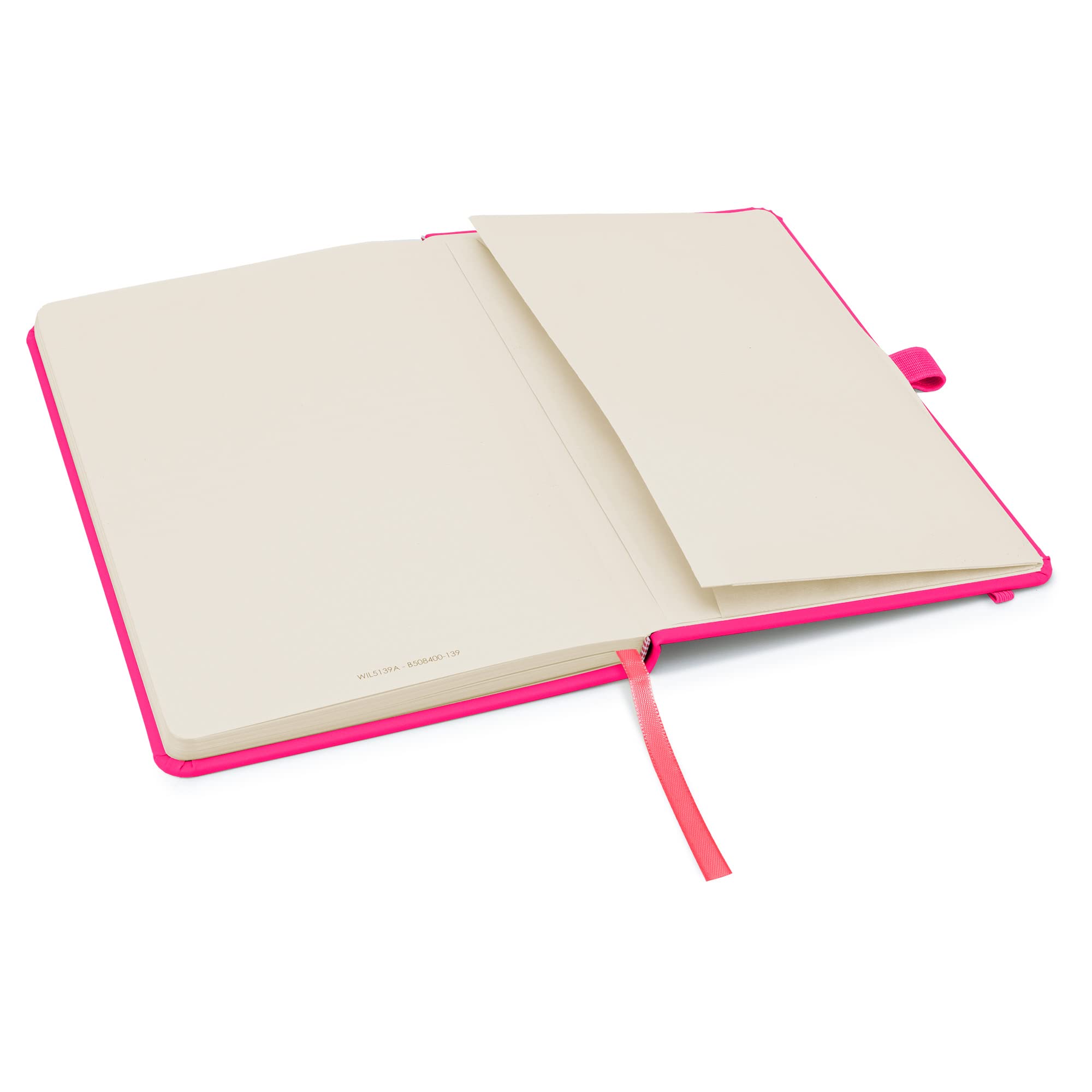 Notes London Eco A5 Notizbuch mit linierten Seiten, Stiftschlaufe, Band, Datumsmarkierungen und Papiertasche, mittleres gebundenes Tagebuch, fluoreszierendes, nachhaltig angebautes Papier (Neonrosa)