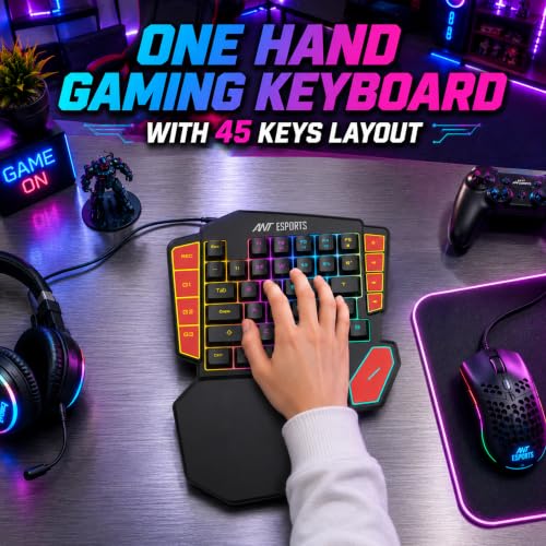 Image of Ant Esports MK1005 One Hand Gaming Keyboard - 45 RGB Backlit Keys, 3 Macro Keys (G1-G3) + REC Key, WASD /Arrow Key Swap, Ergonomic Wrist Rest, USB Type-C OTG Adapter for PC, Laptop & Mobile Gaming