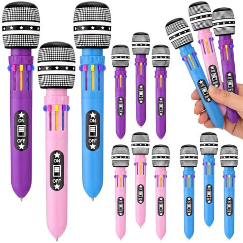 Resholder 12 Pcs K-pop Party Favors Microphone Multicolor Ballpoint Pens 0.7 mm 10-in-1 Colored Microphone Pens for Karaoke 80s 90s Theme Birthday Party Supplies