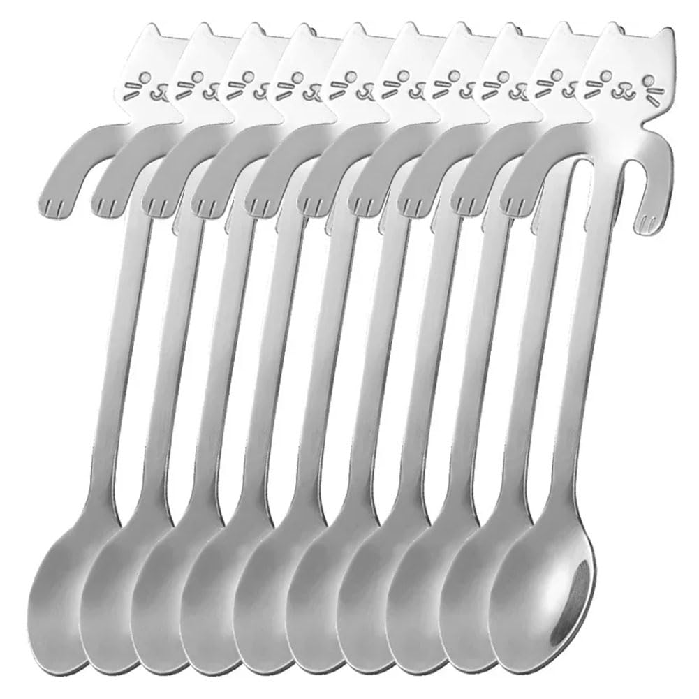CTRLZS 10Pc Stainless Steel Cat Coffee Spoons Mini Cute Cat Modeling Teaspoon Ice Cream Dessert Spoon Kitchen Tableware Gadgets