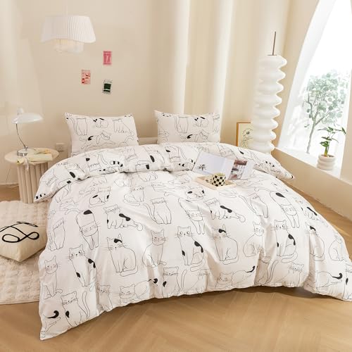 ECOCOTT Duvet Cover Queen Size, 3 Pcs Cartoon Cats Animal Print Pattern Duvet Cover Set, Super Soft Comforter Quilt Cover with Zipper Closure 4 Ties