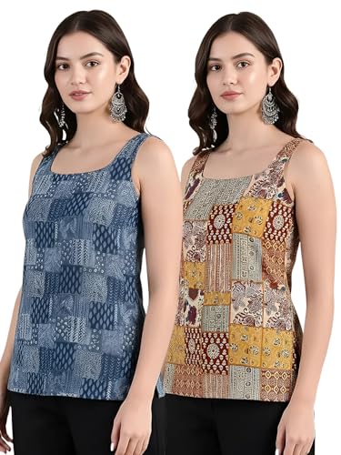 Image of Pinkmint Women Cotton Blend Printed Short Kurti Top (Pack of 2) | Stylish Casual Wear | Sleeveless Top | Back Dori Design | Comfortable Kurta Tops