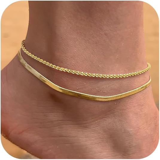 CHESKY Gold Ankle Bracelets for Women, 14k Gold Plated/Sterling Silver Anklet Bracelet Set Layered Glitter Box Paperclip Figaro Cuban Link Anklets for Women, Waterproof Summer Gold Jewelry Gifts
