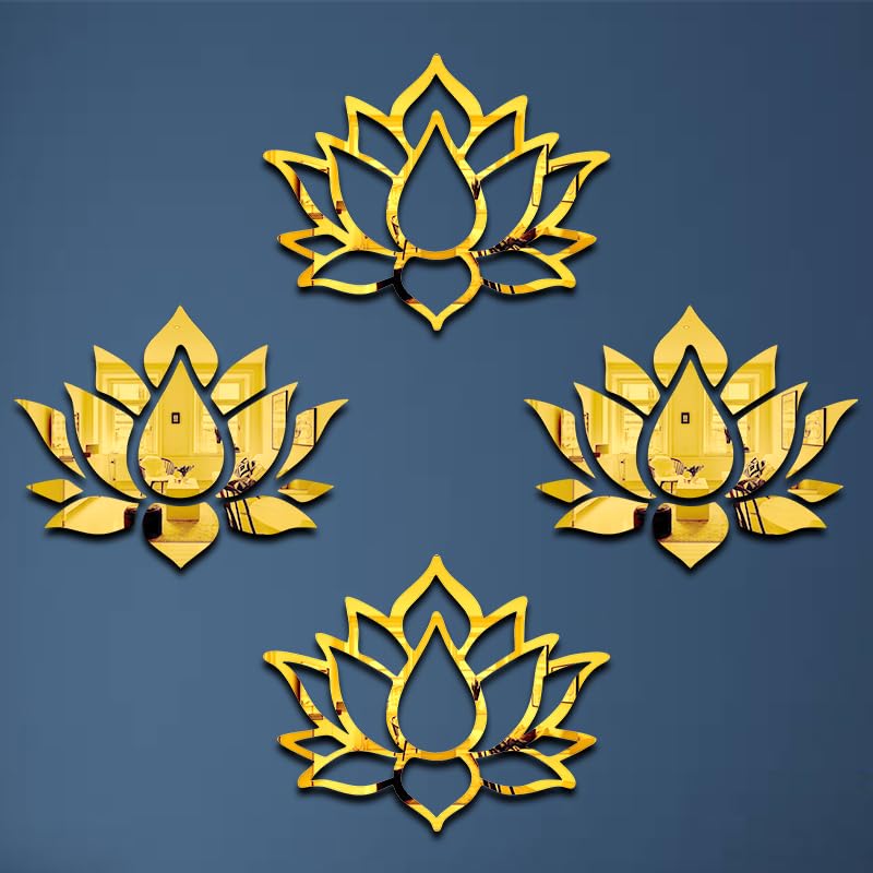 Image of (Lotus Pack of 2 Small (Golden) Mirror Wall Stickers, Mirror Stickers for Wall, Acrylic