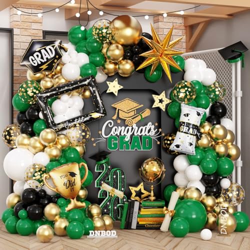 Image of 141Pcs Green Gold Black Graduation Balloon Garland Arch Kit,with Explosion Star,Diploma,Trophy,Grad Hat,Photo Frame Foil Balloon for Congrats Class of 2026 Graduates Celebration Party Decoration