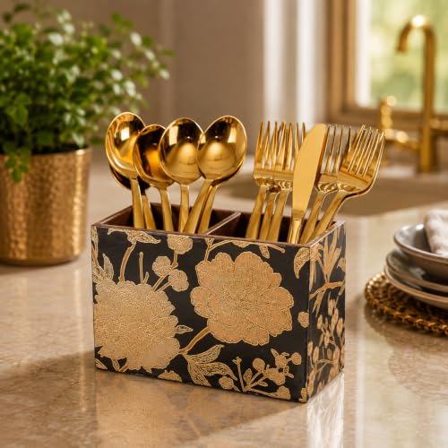 Image of Wooden Spoon Holder for Dining Table | 2-Section Cutlery Storage Box | Kitchen Utensil Organizer with Elegant Gold black Pattern | Multipurpose Tabletop Stand | 10 x 16 x 12 cm (Black Design)