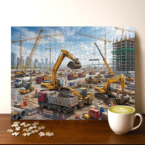 Construction Vehicles Full View Jigsaw Puzzle - 500 Pieces Wooden Puzzle for Adults, Wall Art Gift, Finished Size: 20 x 15 Inch