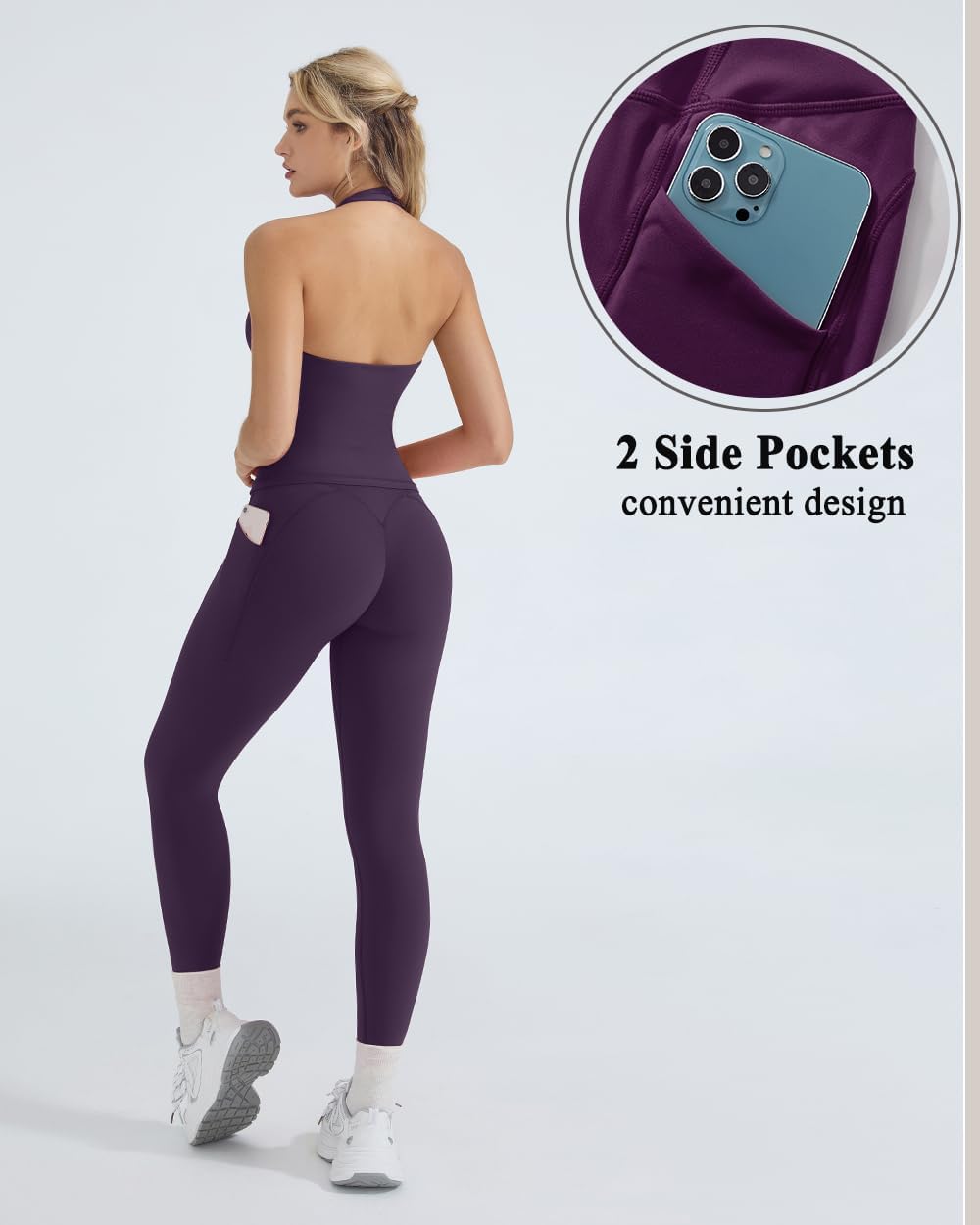 OMKAGI 2 Piece Workout Sets for Women Halter Tops Booty Leggings with Pockets Gym Outfits - Image 4